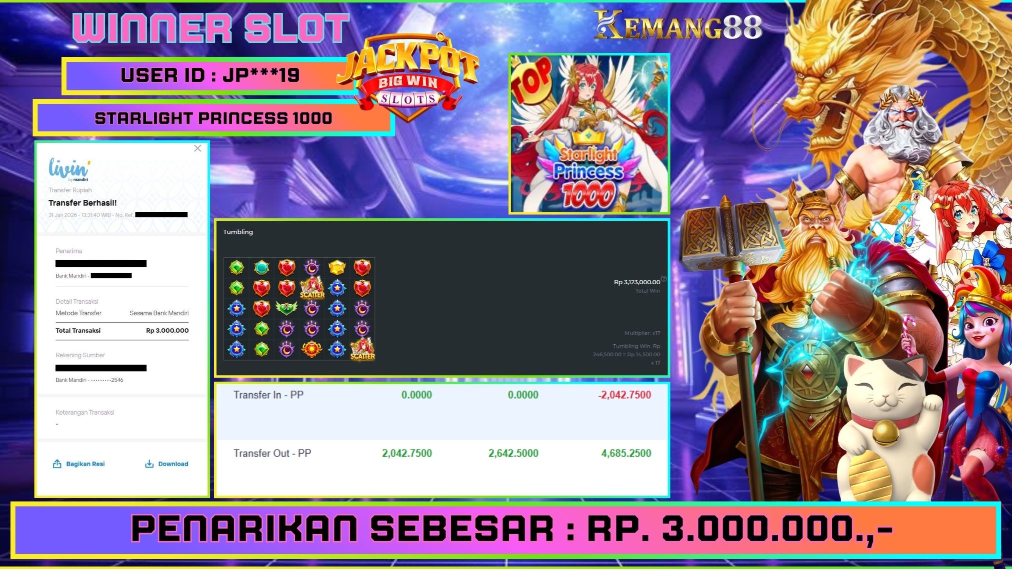 KEMANG88 [31 Januari 2026] : JACKPOT SLOT : STARLIGHT PRINCESS 1000 [PP] Rp. 3.000.000.,- LUNAS